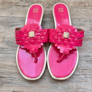 Anne Klein Pink Woven Sandals 9.5 Patent Leather Thong Slides Y2K Preppy Barbie